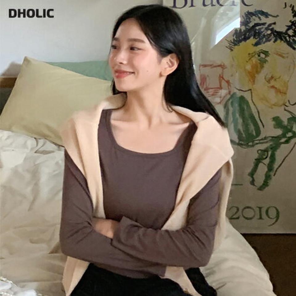 スクエアネッククロップドTシャツ・全5色・t00575 レディース 【tops】韓国ファッション トップス Tシャツ 長袖 デコルテ スクエアネック クロップド丈 秋 スリム フィット デイリー フェミニン シンプル ガーリー 春 NIJU