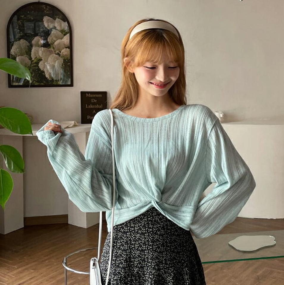 2WAYツイストクロップドTシャツ・全5色・t00581 レディース 【tops】韓国ファッション トップス Tシャツ 長袖 ツイストデザイン リブ 2WAY リネン ラウンドネック スリム クロップド丈 デイリー フェミニン シンプル ガーリー 春 NIJU