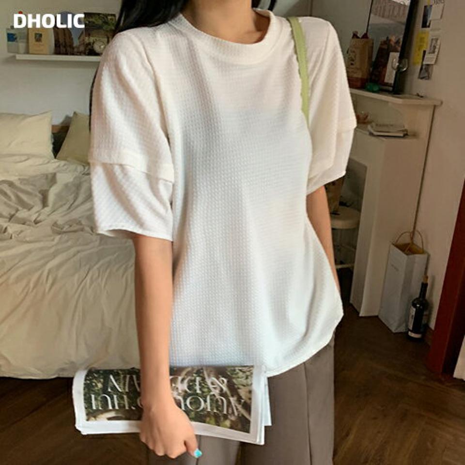 ワッフルバルーンスリーブTシャツ・全3色・b00573 レディース 【tops】韓国 ファッション トップス Tシャツ 半袖 ワッフル レーヨン ラウンドネック 秋 スリム ルーズ ゆったり 楽ちん デイリー フェミニン シンプル ガーリー 春 NIJU