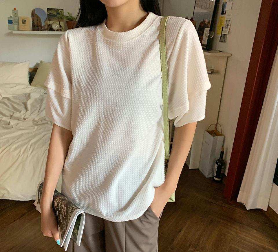 ワッフルバルーンスリーブTシャツ・全3色・b00573 レディース 【tops】韓国 ファッション トップス Tシャツ 半袖 ワッフル レーヨン ラウンドネック 秋 スリム ルーズ ゆったり 楽ちん デイリー フェミニン シンプル ガーリー 春 NIJU