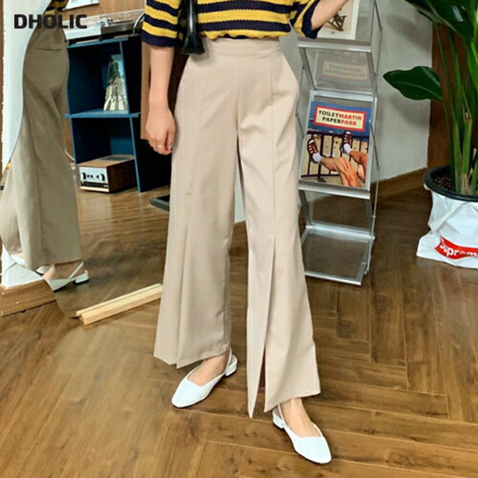 フロントスリットパンツ・全4色・t00594 レディース 【pt】韓国 ファッション ボトムス パンツ ロング ロングパンツ ゴム スリット ワイド ハイウエスト ベーシック 美脚 足長 細身 着痩せ 体型カーバー 春 夏 NIJU