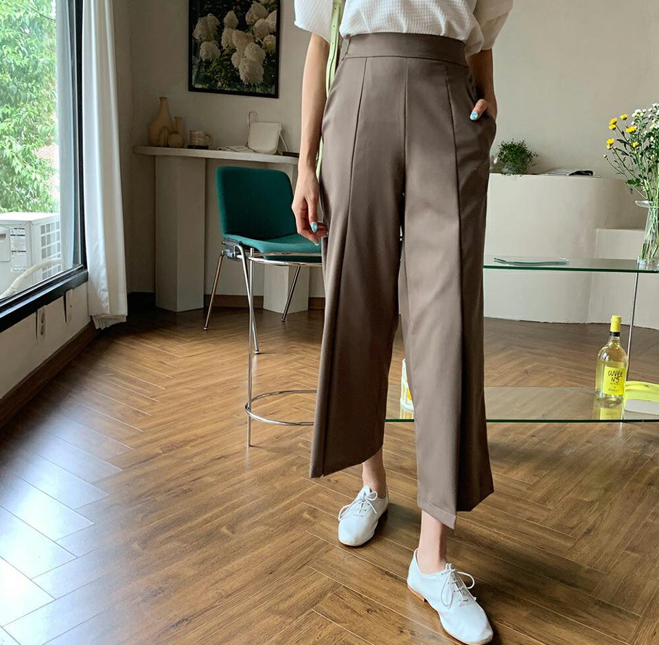 フロントスリットパンツ・全4色・t00594 レディース 【pt】韓国 ファッション ボトムス パンツ ロング ロングパンツ ゴム スリット ワイド ハイウエスト ベーシック 美脚 足長 細身 着痩せ 体型カーバー 春 夏 NIJU