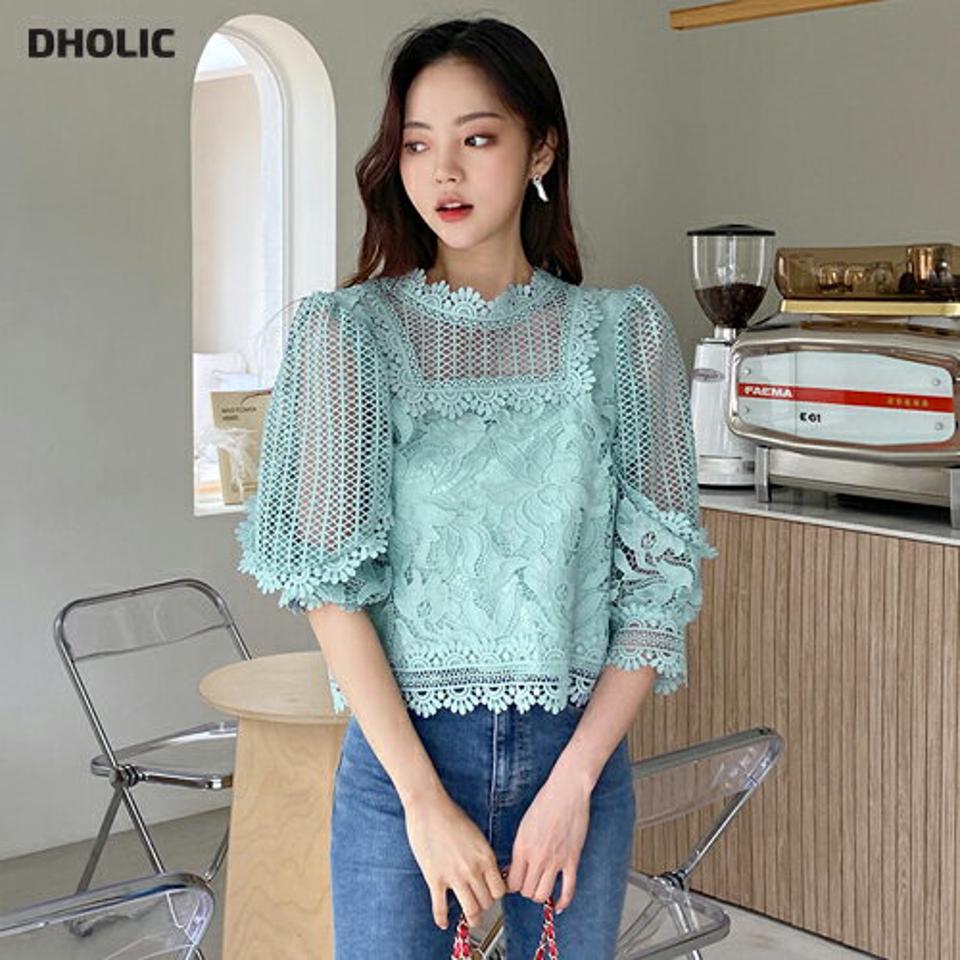 フラワー刺繍レースブラウス・全2色・t62641 レディース 【bl】韓国 ファッション トップス ブラウス 長袖 ルーズ ゆったり 花柄 フラワー パターン 刺繍 レース パフスリーブ 上品 フェミニン カジュアル 秋 春