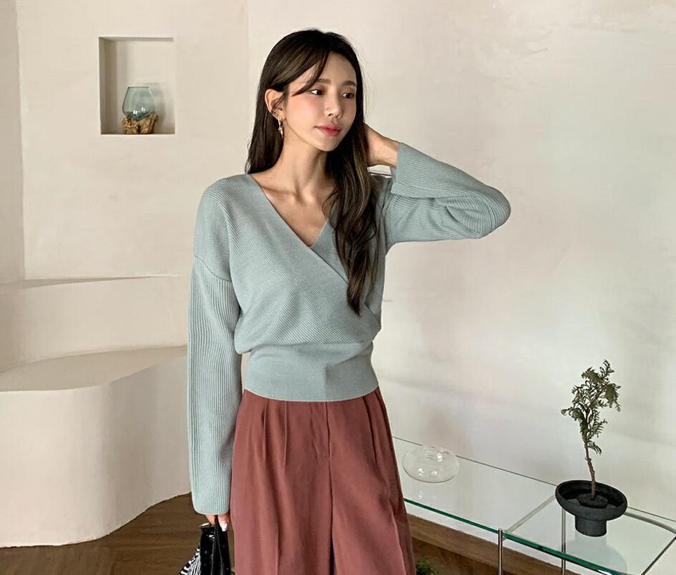 Vネックカシュクールニット・全5色・t62676 レディース 【tops】韓国ファッション トップス ニット 長袖 Vネック カシュクール カシュクールニット スリム リブ フェミニン 上品 シンプル 秋 春