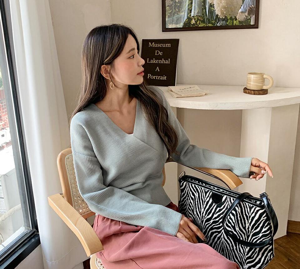 Vネックカシュクールニット・全5色・t62676 レディース 【tops】韓国ファッション トップス ニット 長袖 Vネック カシュクール カシュクールニット スリム リブ フェミニン 上品 シンプル 秋 春
