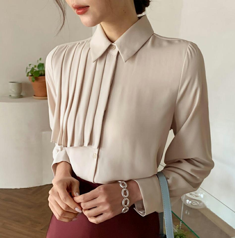 バストプリーツシャツブラウス・全3色・b62674 レディース 【bl】韓国ファッション トップス ブラウス 長袖 大人 シャツブラウス シャツ カフス シフォン バストプリーツ ゆったり 無地 シンプル 上品 フェミニン 秋 春