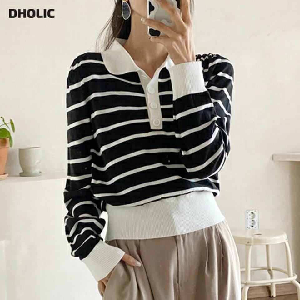 2TYPEカラー配色ニット・全4色・b62677 レディース 【tops】韓国ファッション トップス ニット 長袖 大人 配色 バイカラー カジュアル シンプル ボタン ポロ襟 ボーダー 無地 フェミニン 上品 秋 春