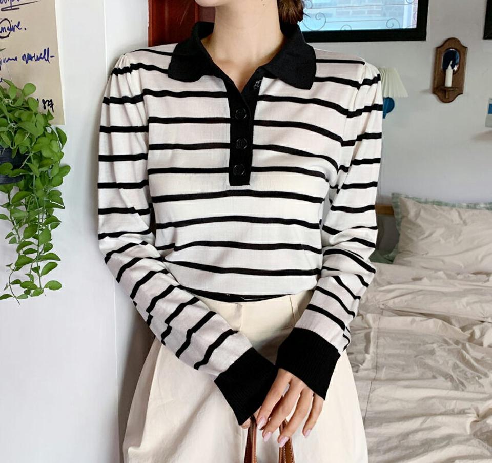 2TYPEカラー配色ニット・全4色・b62677 レディース 【tops】韓国ファッション トップス ニット 長袖 大人 配色 バイカラー カジュアル シンプル ボタン ポロ襟 ボーダー 無地 フェミニン 上品 秋 春