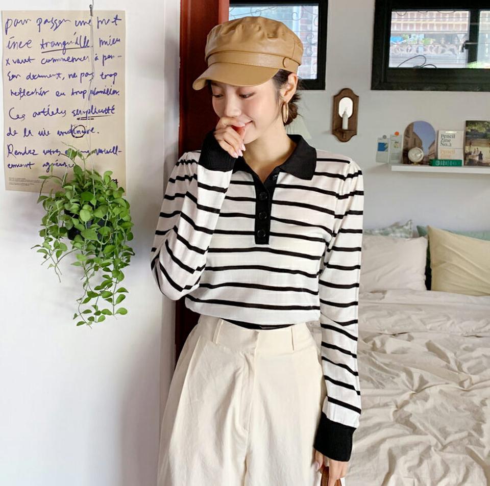 2TYPEカラー配色ニット・全4色・b62677 レディース 【tops】韓国ファッション トップス ニット 長袖 大人 配色 バイカラー カジュアル シンプル ボタン ポロ襟 ボーダー 無地 フェミニン 上品 秋 春