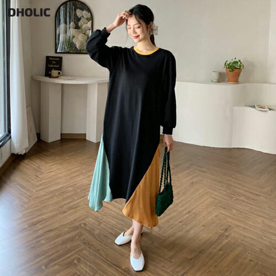サイド配色プリーツワンピース・全3色・t62679 レディース 【ops】韓国 ファッション ワンピース ロング ロングワンピース 大人 ロング丈 プリーツ ラウンドネック フリル ルーズ 長袖 リブ 配色 ゴム フェミニン 体型カバー 秋 春