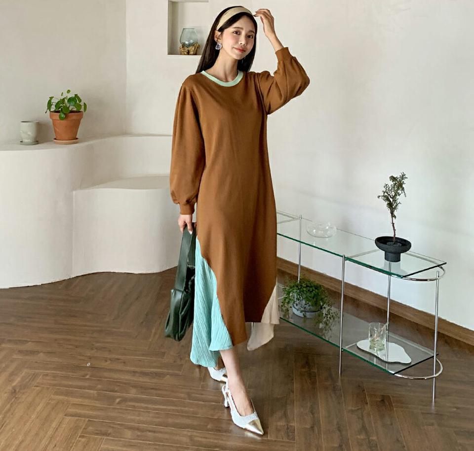 サイド配色プリーツワンピース・全3色・t62679 レディース 【ops】韓国 ファッション ワンピース ロング ロングワンピース 大人 ロング丈 プリーツ ラウンドネック フリル ルーズ 長袖 リブ 配色 ゴム フェミニン 体型カバー 秋 春