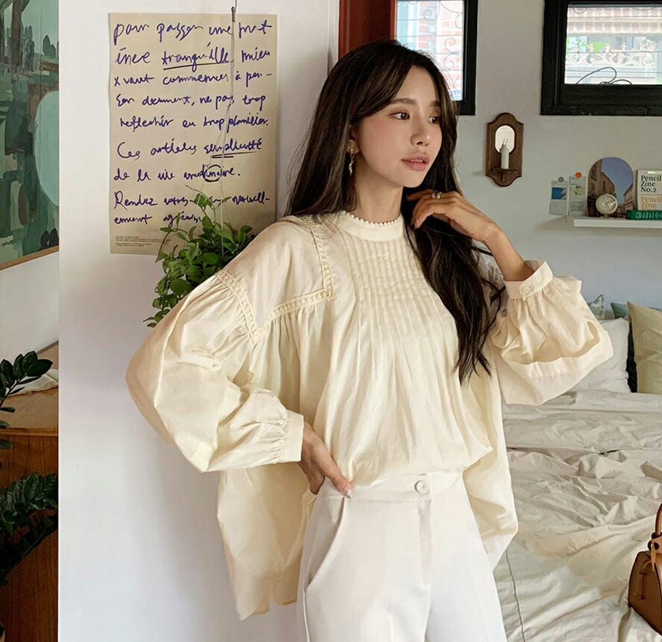 ハーフネックサークルレースフレアブラウス・全3色・t62673 レディース 【bl】韓国ファッション トップス ブラウス 長袖 大人 ハーフネック ギャザー Aライン サークルレース カジュアル ゆったり 無地 シンプル 上品 フェミニン 秋 春