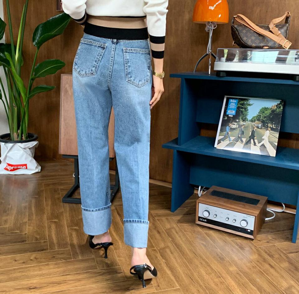 ロールアップワイドデニムパンツ・全1色・t62696 レディース 【pt】韓国 ファッション ボトムス ロング ロングパンツ デニム ロールアップ ストレート ワイド ウォッシュ ボタン コインポケット 体型もカバー 美脚 足長 着痩せ シンプル 秋 春