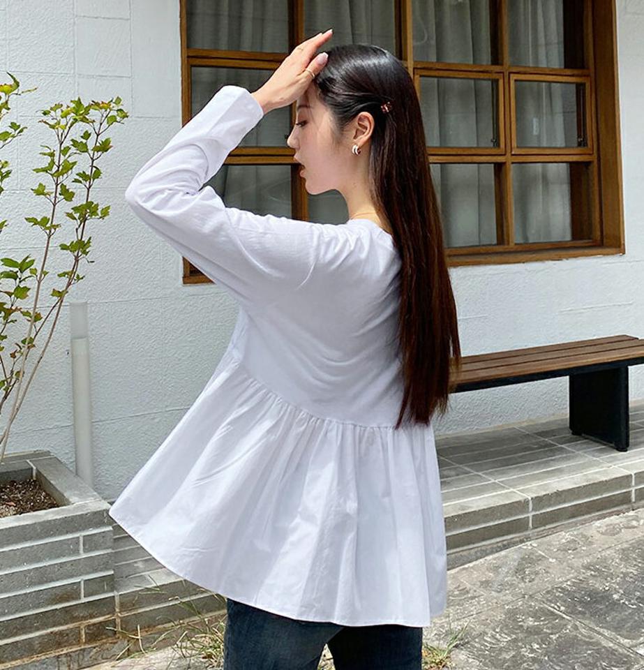 バックギャザーTシャツ・全3色・b57985 レディース 【tops】韓国ファッション トップス Tシャツ 長袖 ラウンドネック 大人 ギャザー 配色 シンプル シンプル カジュアル デイリー ゆったり フェミニン 上品 秋 春