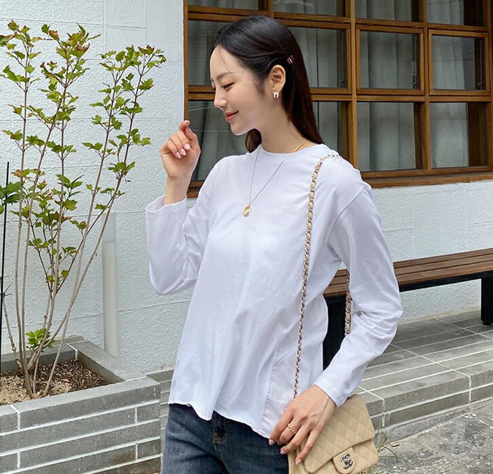 バックギャザーTシャツ・全3色・b57985 レディース 【tops】韓国ファッション トップス Tシャツ 長袖 ラウンドネック 大人 ギャザー 配色 シンプル シンプル カジュアル デイリー ゆったり フェミニン 上品 秋 春