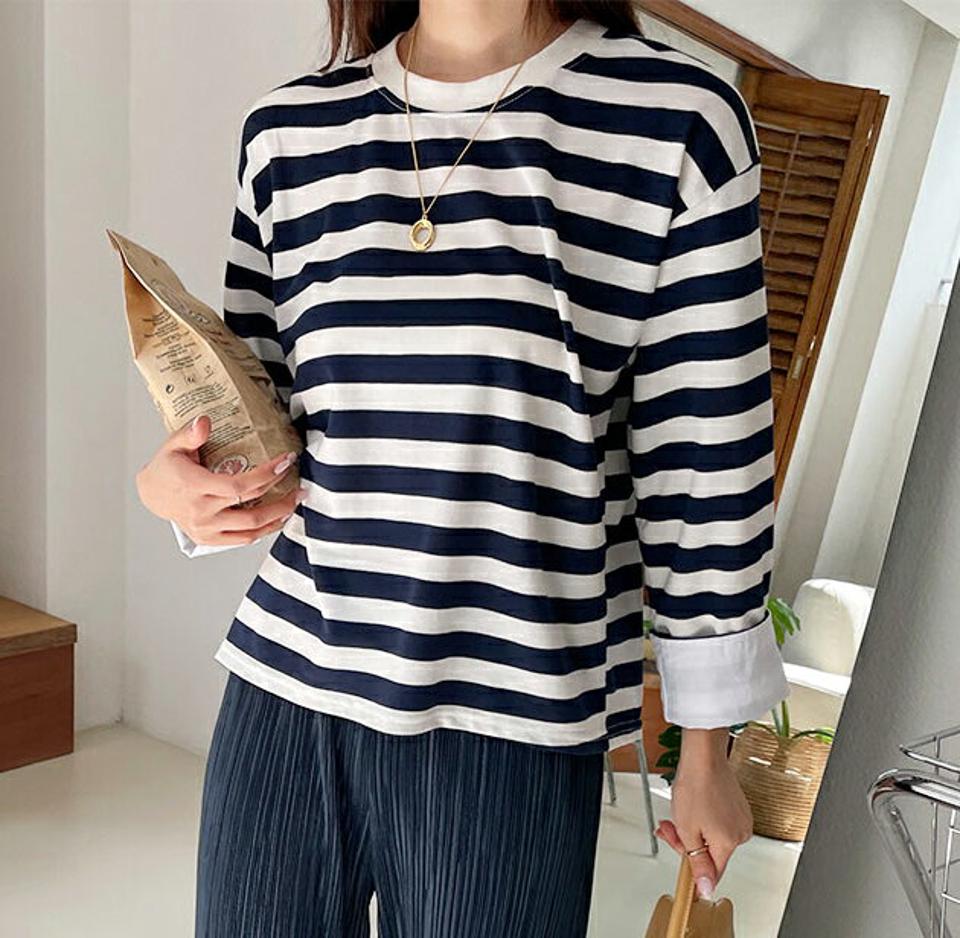 即日配送 ロールアップスリーブボーダーパターンTシャツ・全3色・t57986 レディース 【tops】韓国ファッション トップス Tシャツ 長袖 ラウンドネック 大人 シンプル ロールアップ ボーダーパターン デイリー ゆったり フェミニン 上品 秋 春