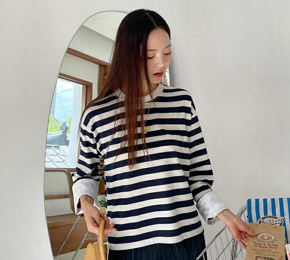 即日配送 ロールアップスリーブボーダーパターンTシャツ・全3色・t57986 レディース 【tops】韓国ファッション トップス Tシャツ 長袖 ラウンドネック 大人 シンプル ロールアップ ボーダーパターン デイリー ゆったり フェミニン 上品 秋 春