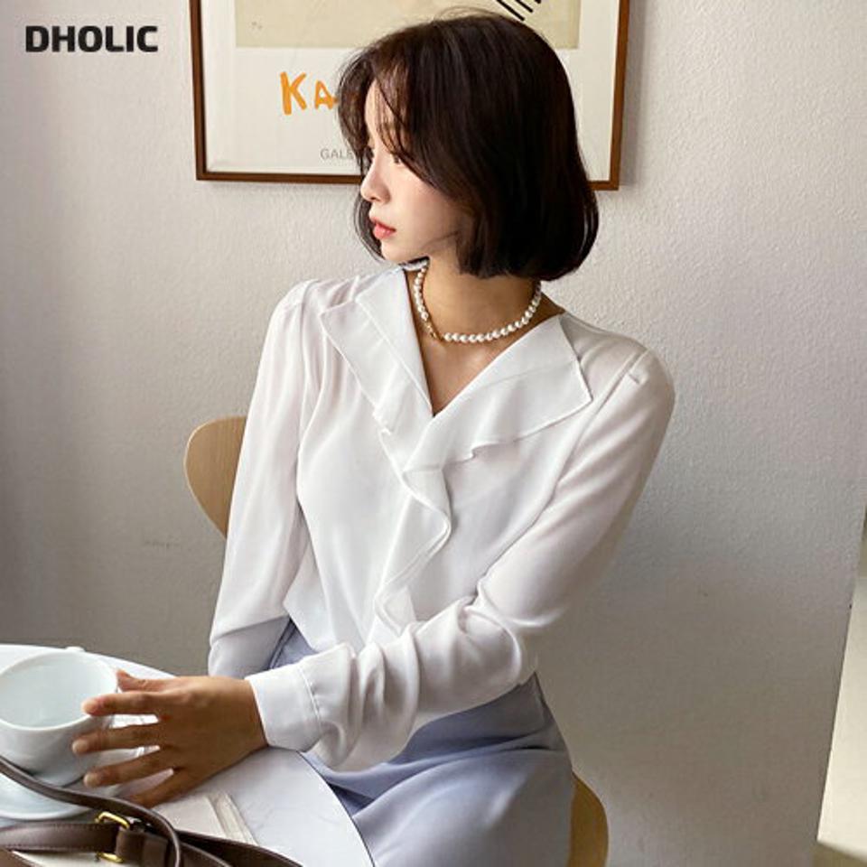 フリルVネックブラウス・全3色・t57992 レディース 【bl】韓国ファッション トップス ブラウス 長袖 大人 フリル Vネック シフォン ボタン ナチュラル ゆったり 無地 シンプル 上品 フェミニン 秋 春206