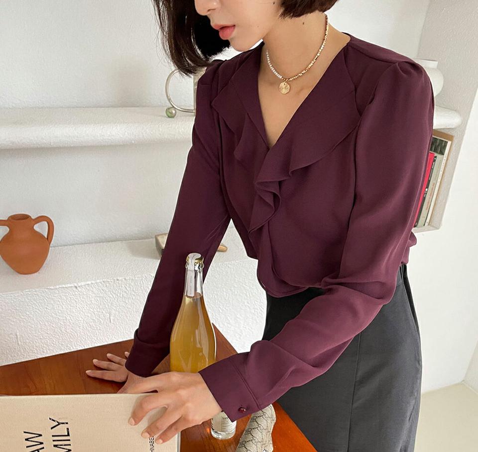 フリルVネックブラウス・全3色・t57992 レディース 【bl】韓国ファッション トップス ブラウス 長袖 大人 フリル Vネック シフォン ボタン ナチュラル ゆったり 無地 シンプル 上品 フェミニン 秋 春206