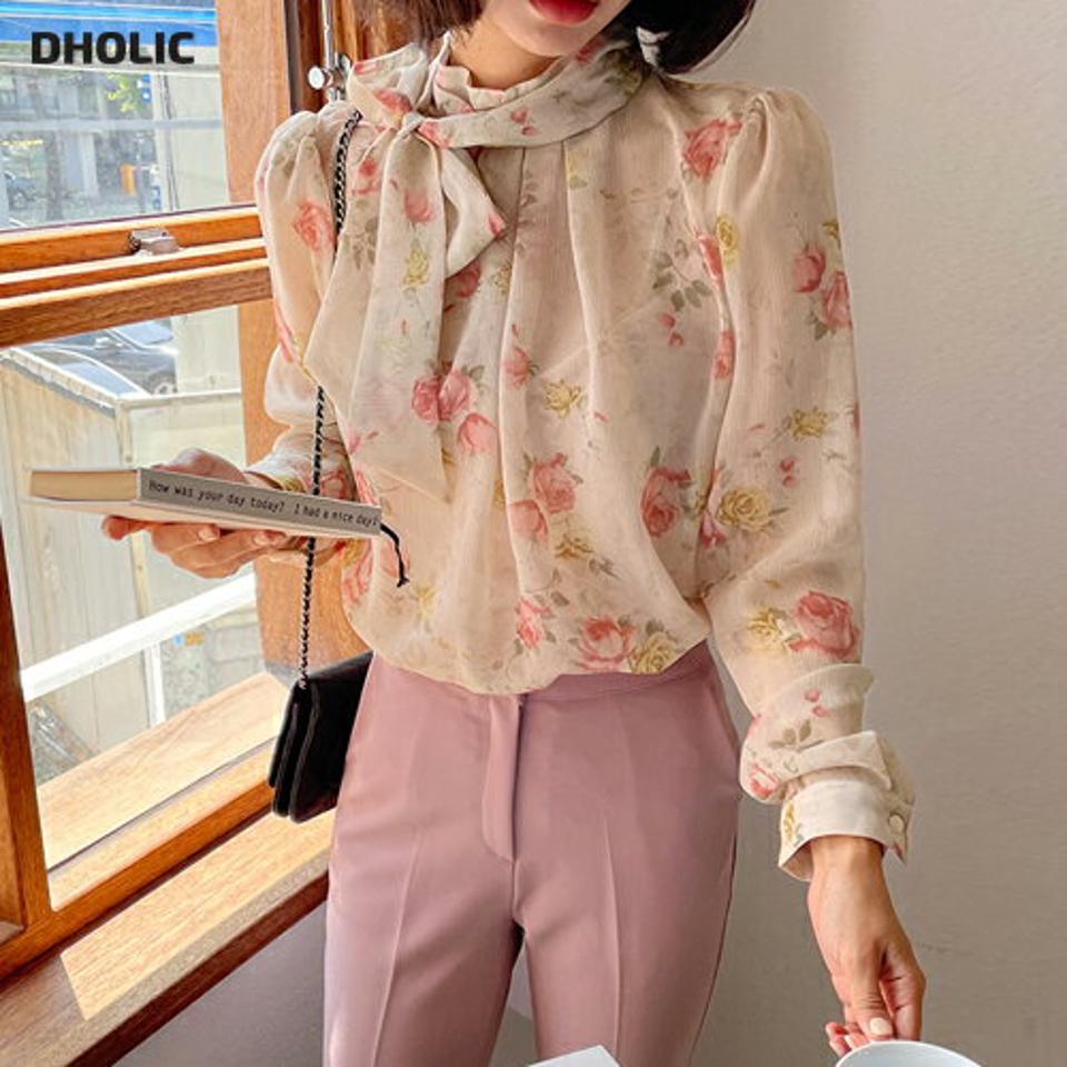 フローラルネックリボンブラウス・全3色・b58013 レディース 【bl】韓国ファッション トップス ブラウス 長袖 大人 ハーフネック リボン ボタン カフスボタン フラワー 花柄 ナチュラル きれいめ ルーズ ゆったり 上品 フェミニン 秋 春