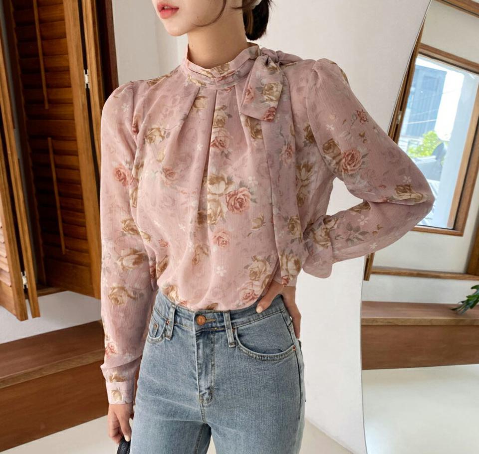 フローラルネックリボンブラウス・全3色・b58013 レディース 【bl】韓国ファッション トップス ブラウス 長袖 大人 ハーフネック リボン ボタン カフスボタン フラワー 花柄 ナチュラル きれいめ ルーズ ゆったり 上品 フェミニン 秋 春