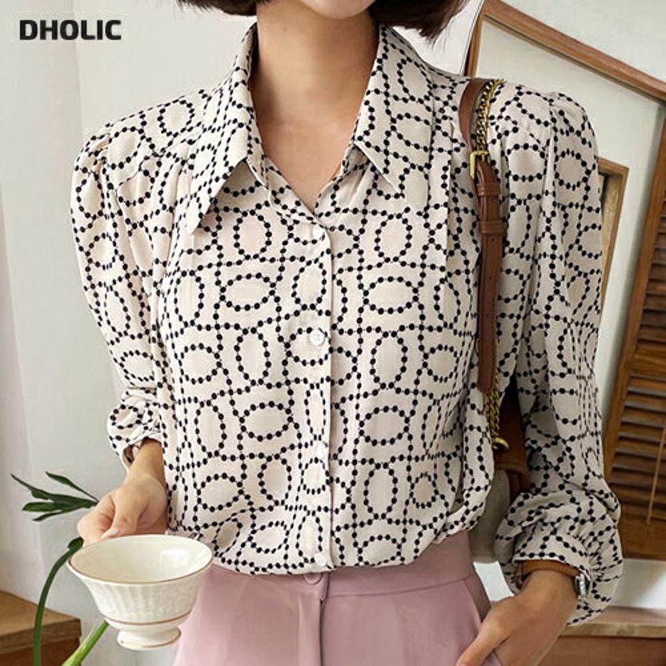 サークルパターンシャツブラウス・全2色・b57994 レディース 【bl】韓国 ファッション トップス ブラウス シャツブラウス 長袖 大人 サークルパターン カフス モノトーン ボタン ゆったり デイリー シンプル 上品 フェミニン 秋 春