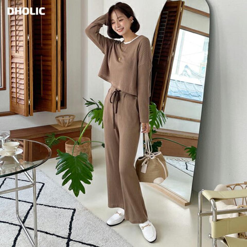 リブTシャツ&パンツSET・全3色・t57999 レディース 【pt】韓国 ファッション ボトムス ロング ロングパンツ 長袖 ラウンドネック セット 紐 ルーズ ベーシック ボタン ポケット ワイド ゴム シンプル 無地 足長 着痩せ 秋 春