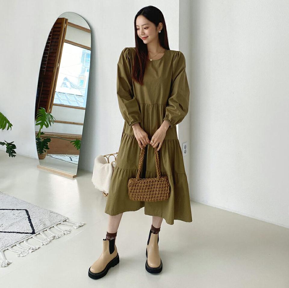 ロングティアードワンピース・全3色・b58000 レディース 【ops】韓国ファッション ワンピース ロング ロングワンピース ロング丈 長袖 ワンマイルウェア ラウンドネック ガーリー フレア メリハリ Aライン フェミニン 体型カバー 秋 春