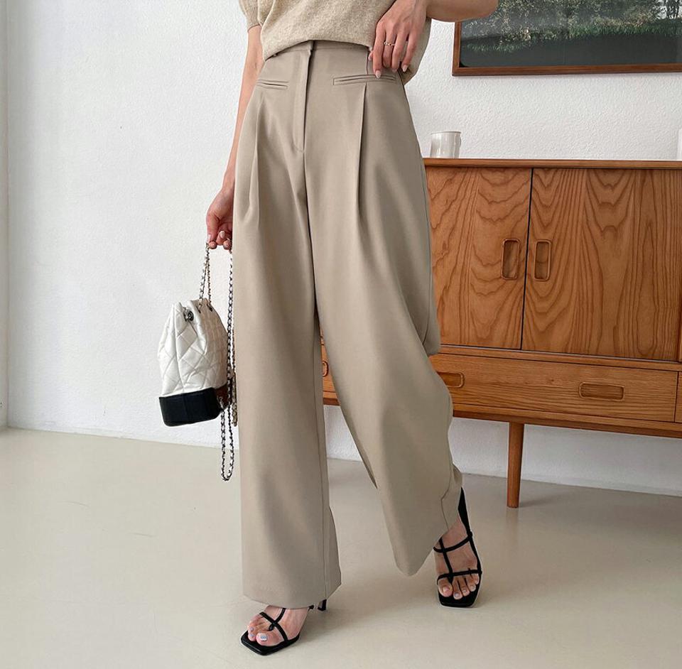 フェイクポケットスラックス・全2色・t58006 レディース 【pt】韓国ファッション ボトムス ロング ロングパンツ スラックスパンツ スラックス 伸縮性 ワイド ストレートフォルム ロング丈 ポケット 無地 足長 着痩せ 秋 春