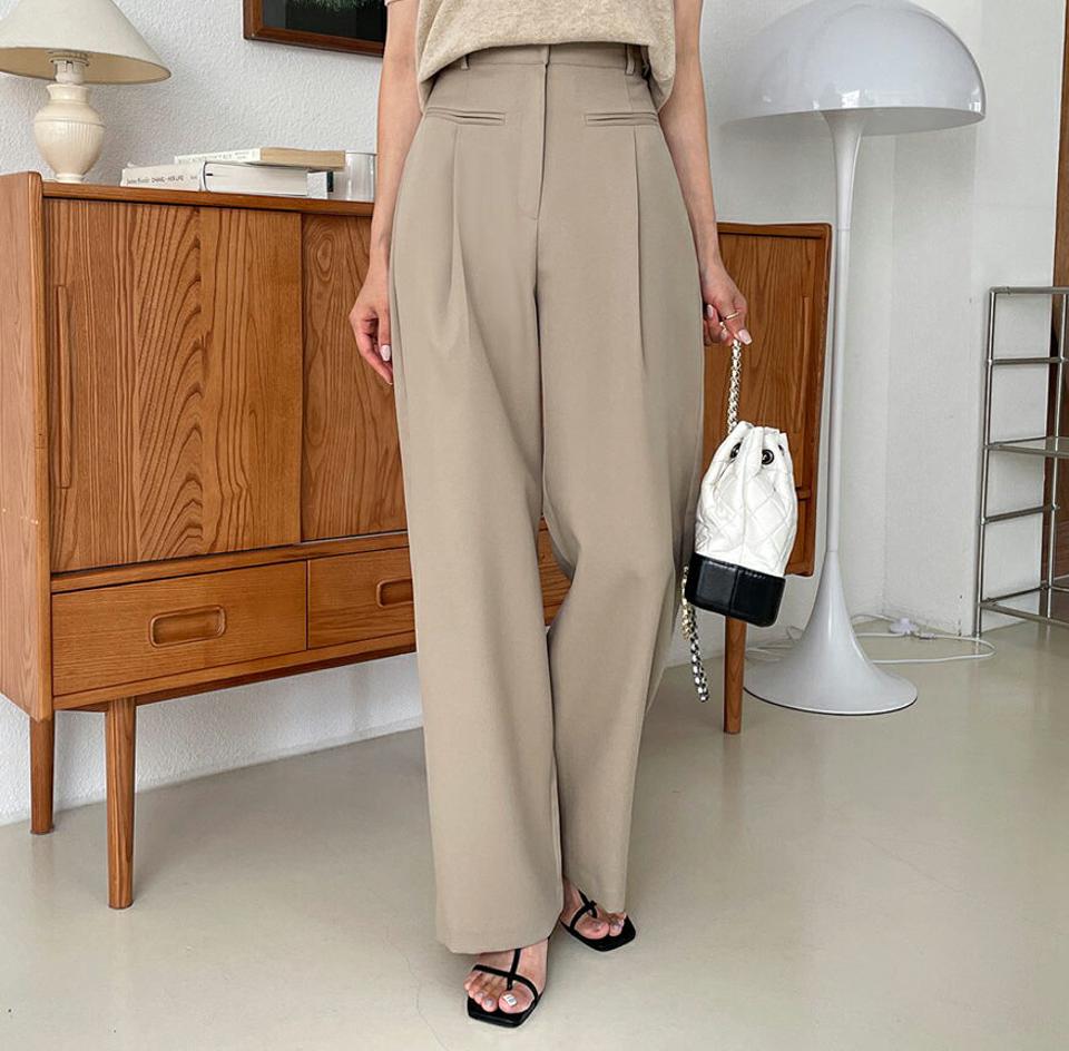 フェイクポケットスラックス・全2色・t58006 レディース 【pt】韓国ファッション ボトムス ロング ロングパンツ スラックスパンツ スラックス 伸縮性 ワイド ストレートフォルム ロング丈 ポケット 無地 足長 着痩せ 秋 春