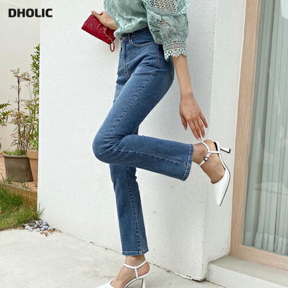 即日配送 セミフレアデニムパンツ・全1色・t62664 レディース 【pt】韓国ファッション ボトムス ロング ロングパンツ デニム ボタン コインポケット ステッチライン ハイウエスト スリム フィット タイト 無地 足長 着痩せ 秋 春