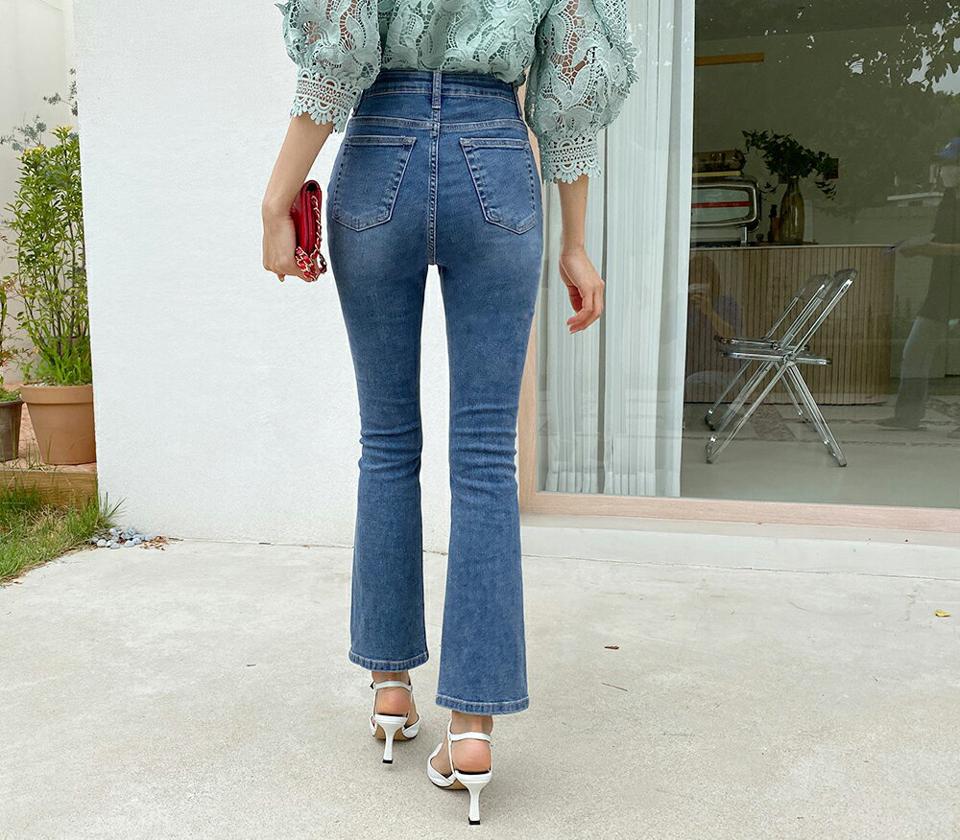 即日配送 セミフレアデニムパンツ・全1色・t62664 レディース 【pt】韓国ファッション ボトムス ロング ロングパンツ デニム ボタン コインポケット ステッチライン ハイウエスト スリム フィット タイト 無地 足長 着痩せ 秋 春