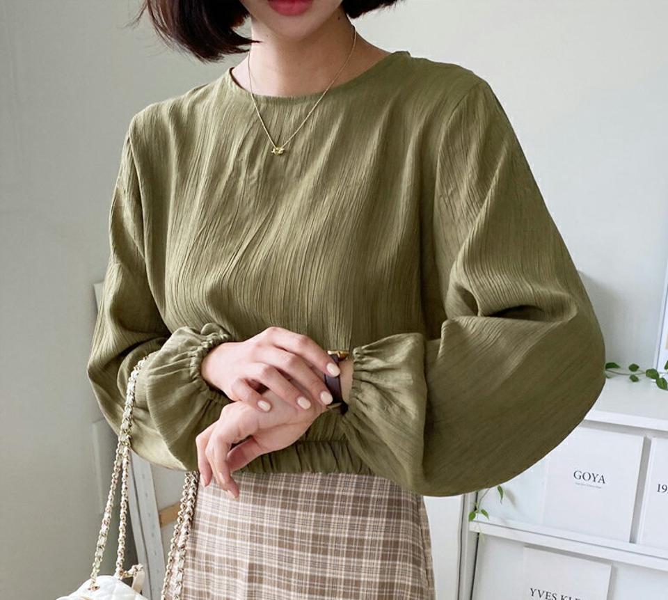 ラウンドネックゴムブラウス・全4色・t62652 レディース 【bl】韓国 ファッション トップス ブラウス 長袖 大人 ルーズ ゆったり フリル ラウンドネック 上品 フェミニン カジュアル 秋 春