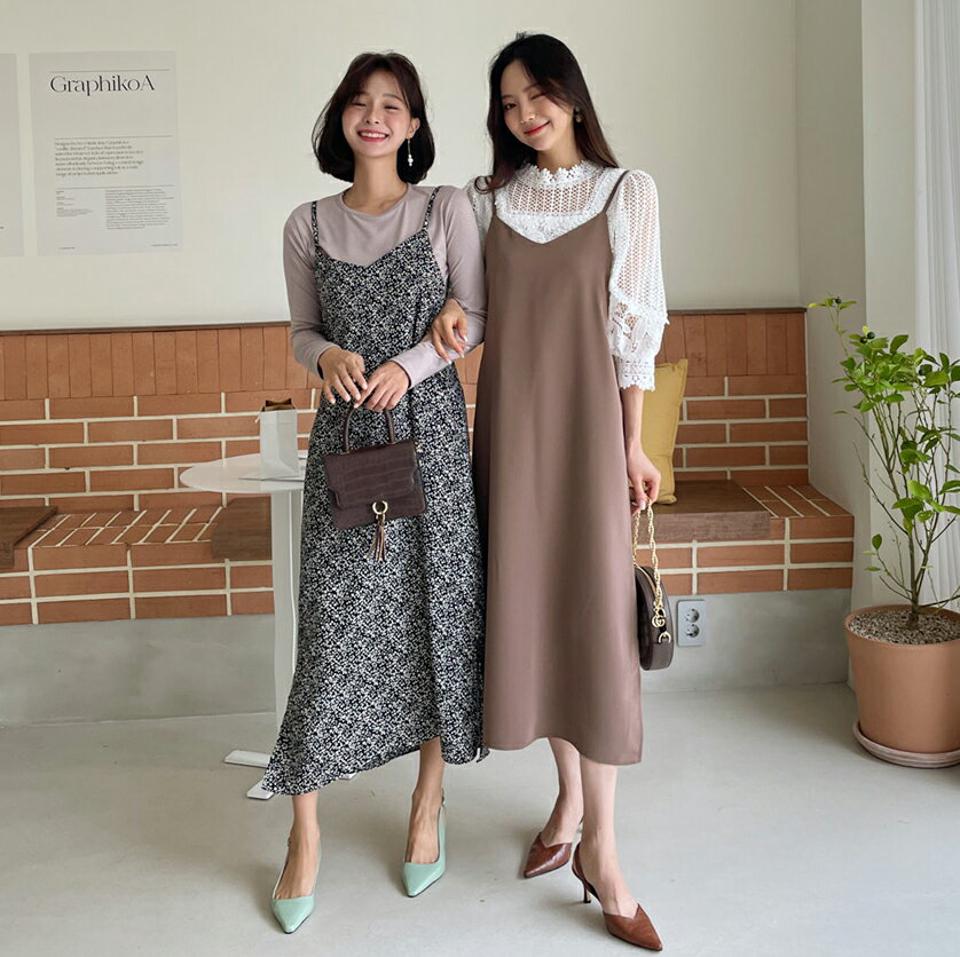 【タイム特価】2TYPEノースリーブワンピース・全5色・t62648 レディース 【ops】韓国ファッション ワンピース ロングワンピース スリーブレス ノースリーブ キャミワンピース Vネック 無地 小花柄 花柄 フラワー フレア 秋 春【TS】セール