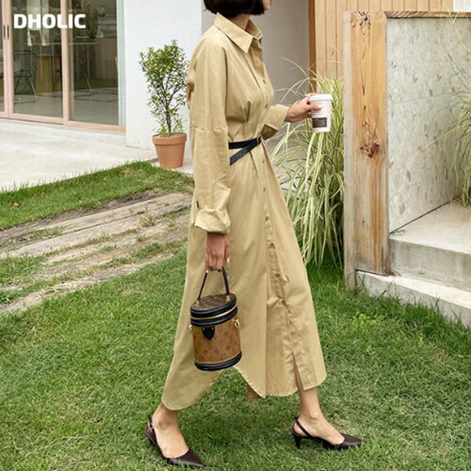 ロングシャツワンピース・全3色・t62642 レディース 【ops】韓国 ファッション ワンピース ロング ロングワンピース 長袖 フレア シャツワンピース スリム カジュアル Aライン フェミニン 体型カバー 秋 春