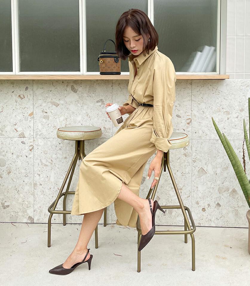 ロングシャツワンピース・全3色・t62642 レディース 【ops】韓国 ファッション ワンピース ロング ロングワンピース 長袖 フレア シャツワンピース スリム カジュアル Aライン フェミニン 体型カバー 秋 春