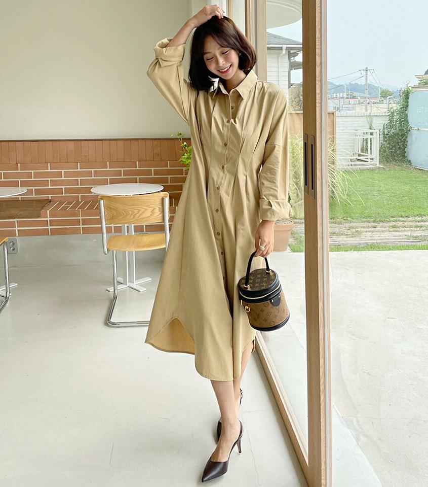 ロングシャツワンピース・全3色・t62642 レディース 【ops】韓国 ファッション ワンピース ロング ロングワンピース 長袖 フレア シャツワンピース スリム カジュアル Aライン フェミニン 体型カバー 秋 春