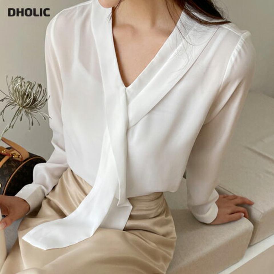 Vネックリボンブラウス・全4色・b62640 レディース 【bl】韓国 ファッション トップス ブラウス 長袖 ルーズ ゆったり Vネック リボン シフォン 上品 フェミニン カジュアル オフィスカジュアル 秋 春