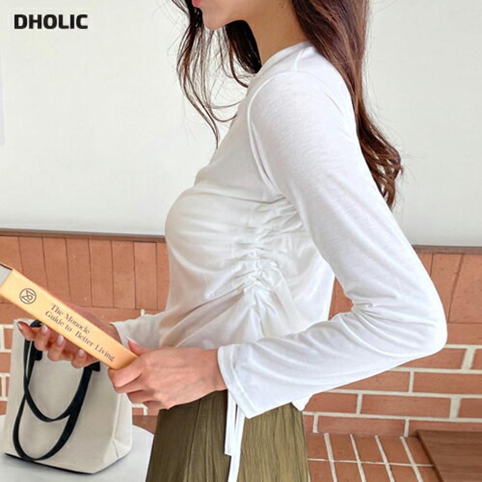 サイドドロストラウンドTシャツ・全5色・t62639 レディース 【tops】韓国ファッション トップス Tシャツ 長袖 シンプル ギャザー ストリング スリット ラウンドネック スリム ベーシック デイリー 体型カバー 細身 フェミニン 秋 春