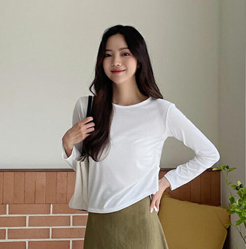 サイドドロストラウンドTシャツ・全5色・t62639 レディース 【tops】韓国ファッション トップス Tシャツ 長袖 シンプル ギャザー ストリング スリット ラウンドネック スリム ベーシック デイリー 体型カバー 細身 フェミニン 秋 春