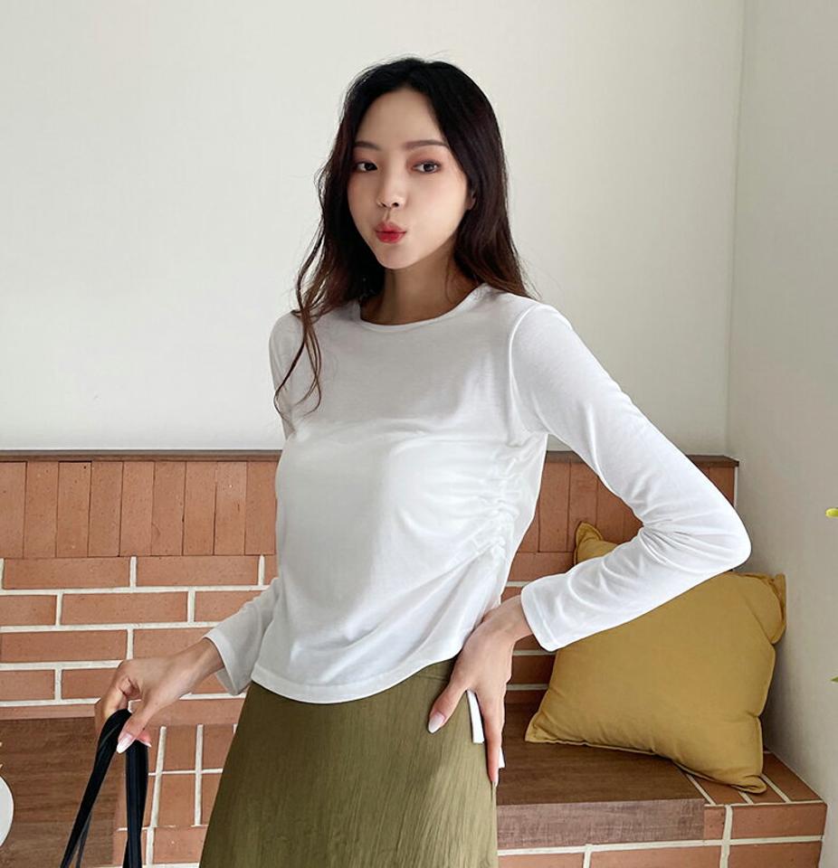 サイドドロストラウンドTシャツ・全5色・t62639 レディース 【tops】韓国ファッション トップス Tシャツ 長袖 シンプル ギャザー ストリング スリット ラウンドネック スリム ベーシック デイリー 体型カバー 細身 フェミニン 秋 春