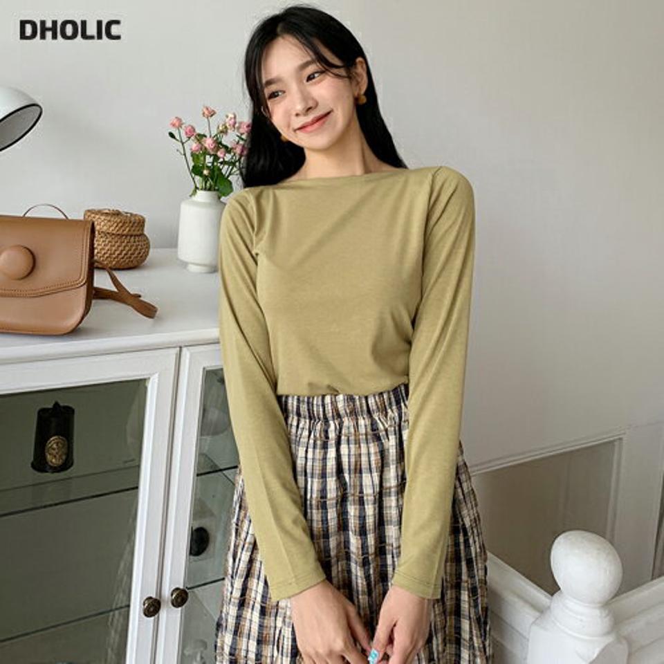 ボートネック長袖Tシャツ・全4色・b64878 レディース 【tops】韓国 ファッション トップス Tシャツ 長袖 ボートネック フィット スリム ラウンドネック 無地 デイリー フェミニン シンプル ガーリー 春 秋 NIJU