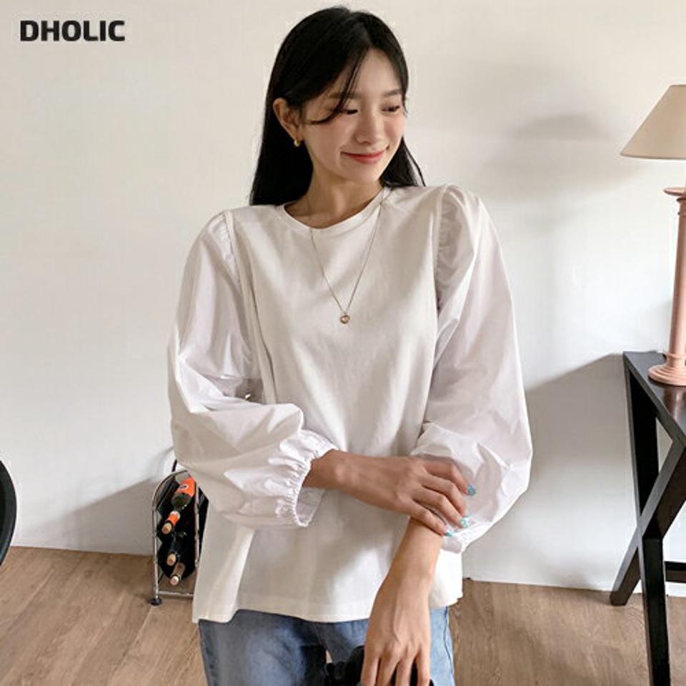 コントラストギャザーTシャツ・全4色・t64853 レディース 【tops】韓国ファッション トップス Tシャツ 長袖 ギャザー ボリューム ラウンドネック 異素材 ゴム スリム フィット デイリー フェミニン シンプル ガーリー 春 秋 NIJU