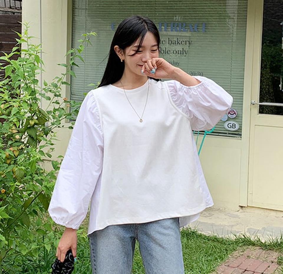 コントラストギャザーTシャツ・全4色・t64853 レディース 【tops】韓国ファッション トップス Tシャツ 長袖 ギャザー ボリューム ラウンドネック 異素材 ゴム スリム フィット デイリー フェミニン シンプル ガーリー 春 秋 NIJU