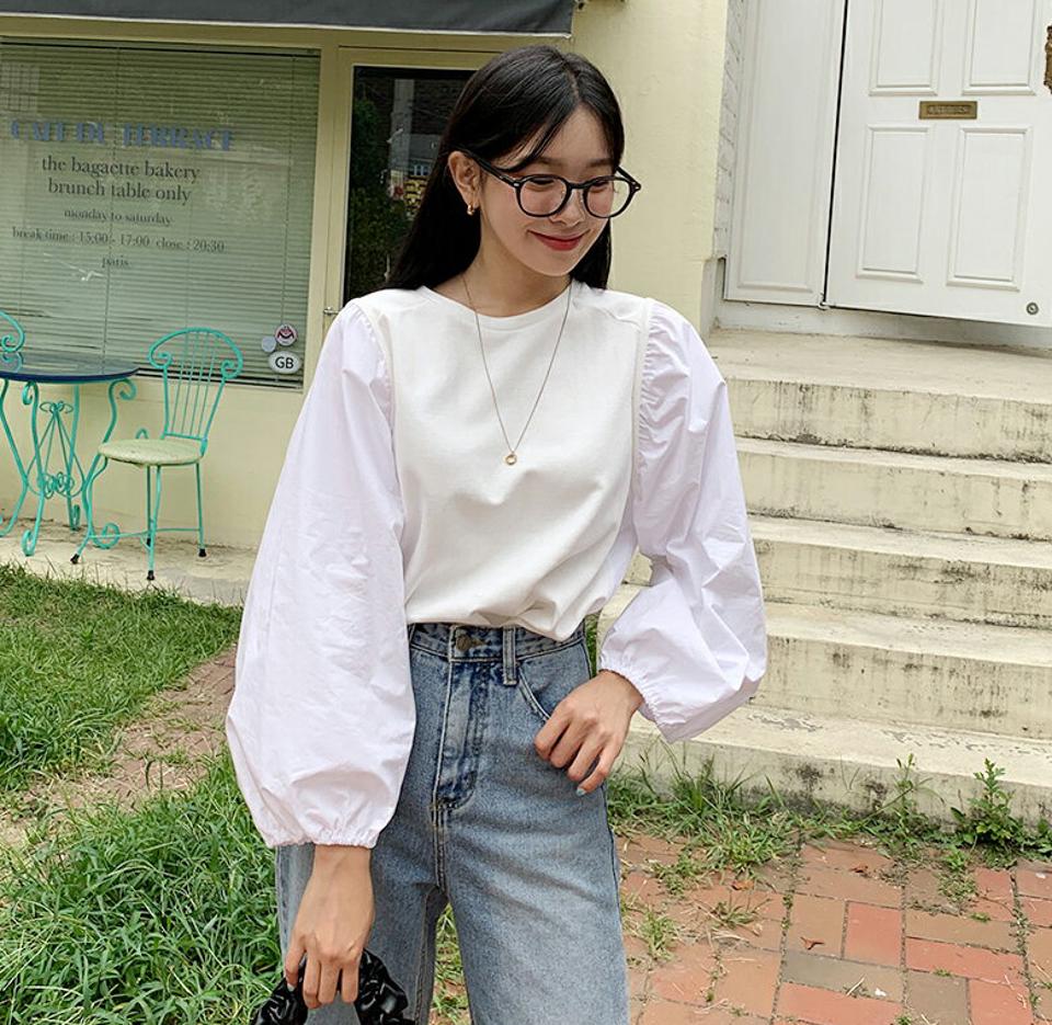コントラストギャザーTシャツ・全4色・t64853 レディース 【tops】韓国ファッション トップス Tシャツ 長袖 ギャザー ボリューム ラウンドネック 異素材 ゴム スリム フィット デイリー フェミニン シンプル ガーリー 春 秋 NIJU