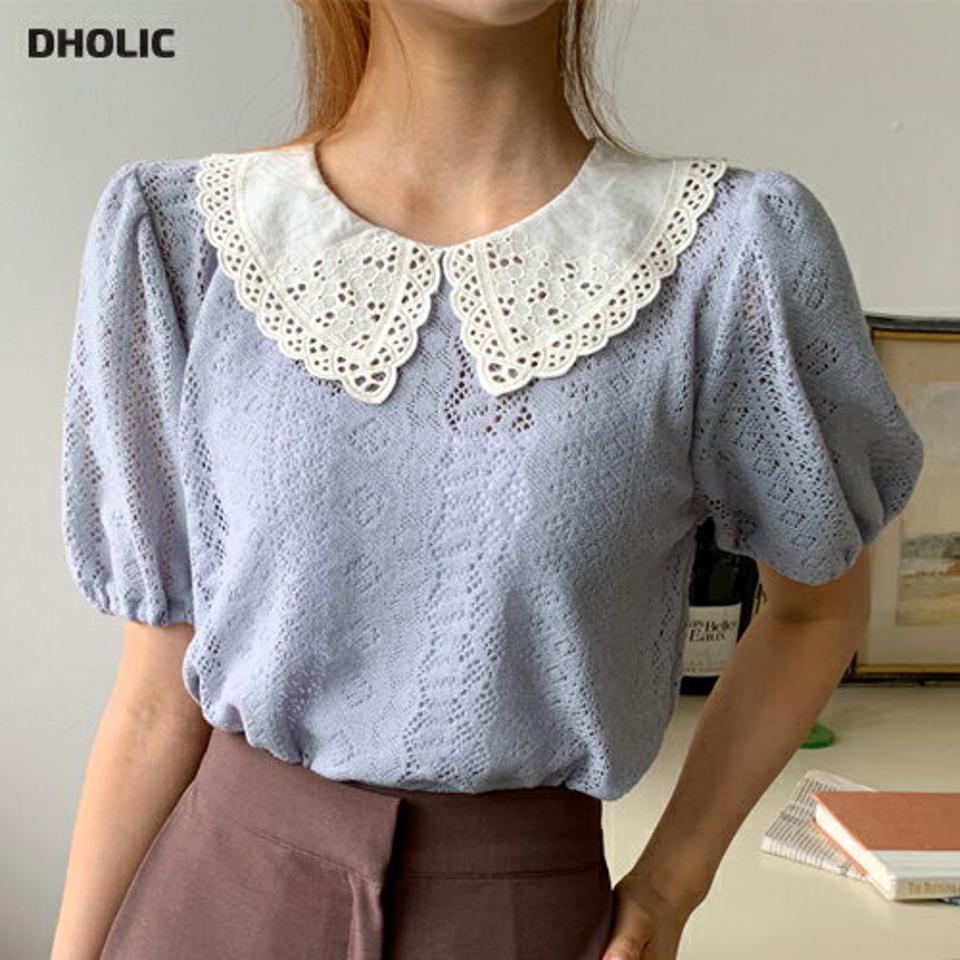 パンチングカラーブラウス・全3色・b64881 レディース 【bl】韓国 ファッション トップス ブラウス 長袖 シンプル パンチング ラブリー ラウンドネック 配色 レース パフスリーブ フェミニン 上品 体型カバー 細身 ラブリー 春 秋 NIJU