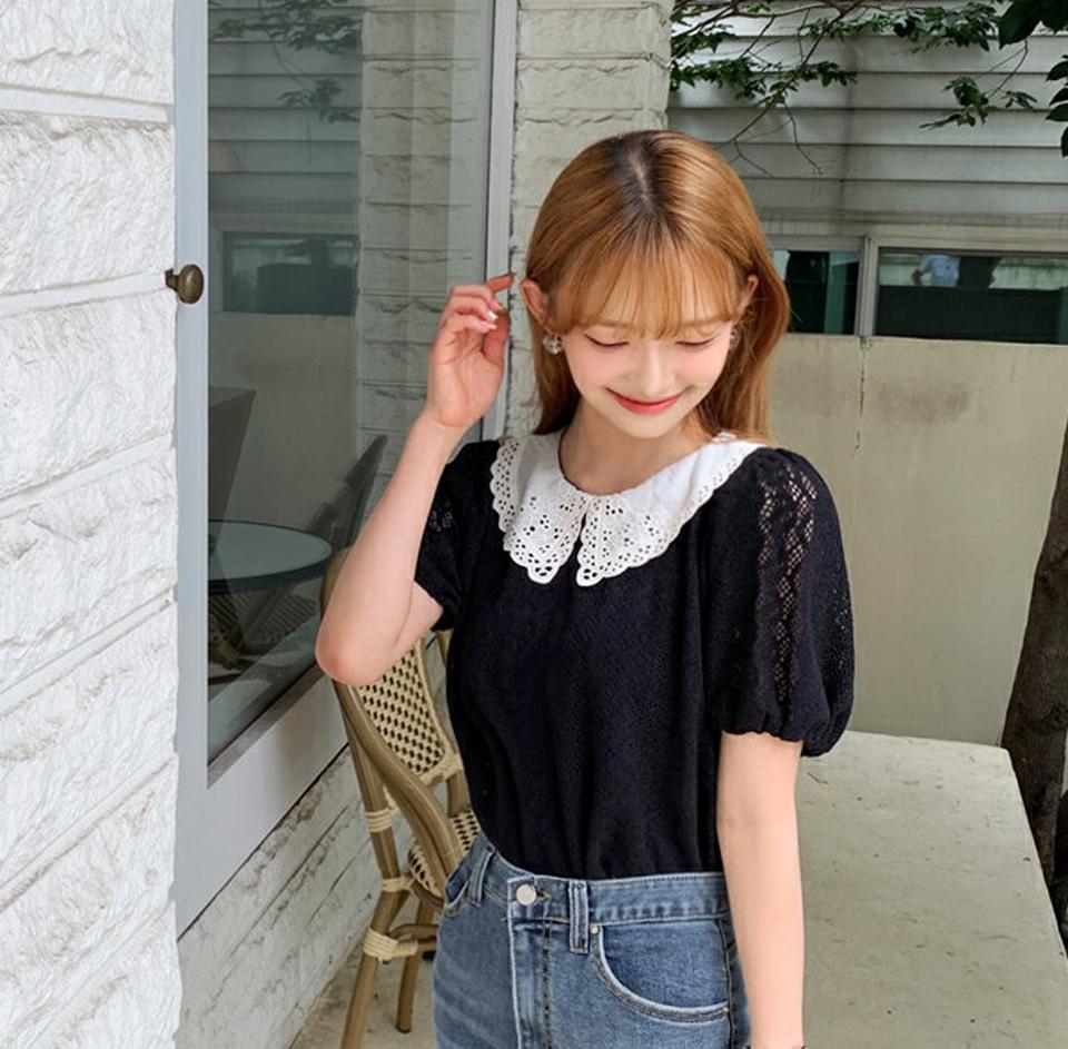 パンチングカラーブラウス・全3色・b64881 レディース 【bl】韓国 ファッション トップス ブラウス 長袖 シンプル パンチング ラブリー ラウンドネック 配色 レース パフスリーブ フェミニン 上品 体型カバー 細身 ラブリー 春 秋 NIJU