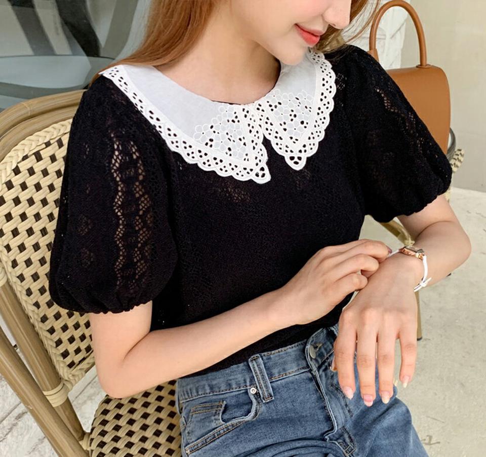 パンチングカラーブラウス・全3色・b64881 レディース 【bl】韓国 ファッション トップス ブラウス 長袖 シンプル パンチング ラブリー ラウンドネック 配色 レース パフスリーブ フェミニン 上品 体型カバー 細身 ラブリー 春 秋 NIJU