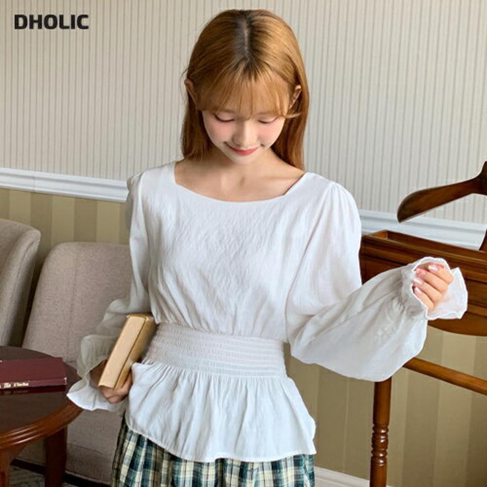 スクエアシャーリングブラウス・全4色・t64883 レディース 【bl】韓国 ファッション トップス ブラウス 長袖 シンプル シャーリング スリム ボリューム シルエット スクエアネック フェミニン 上品 体型カバー 細身 春 秋 NIJU