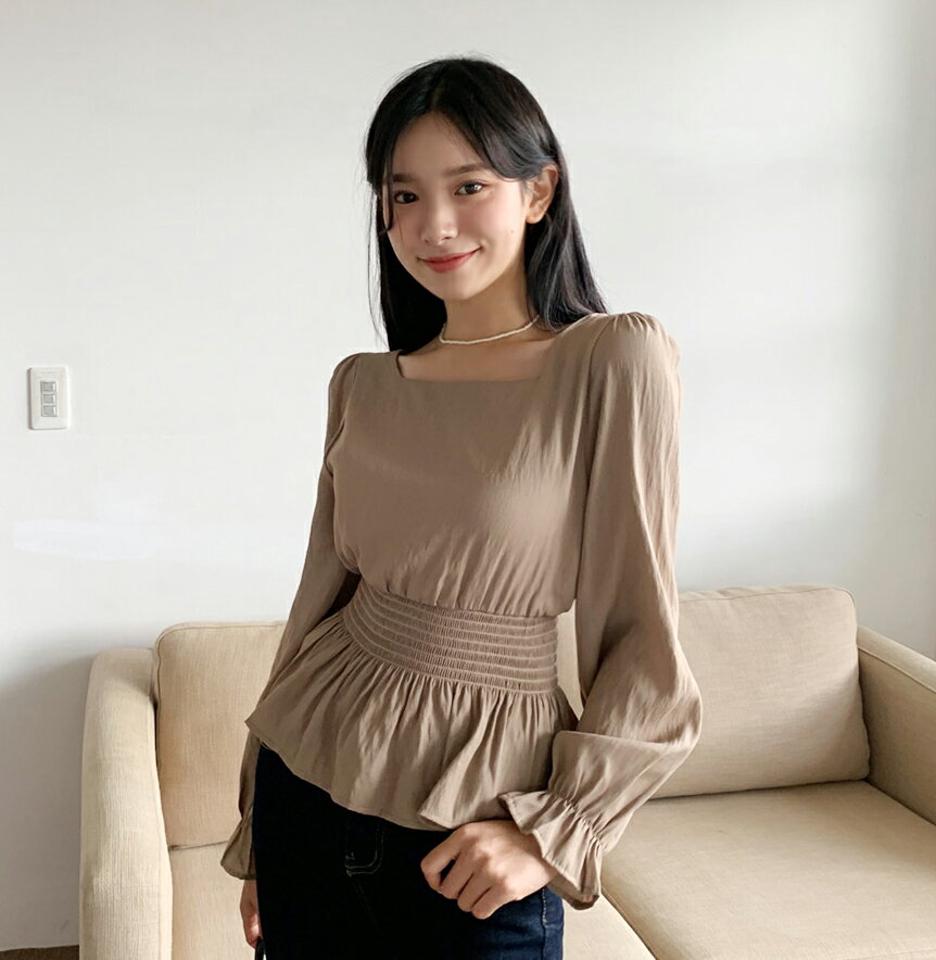 スクエアシャーリングブラウス・全4色・t64883 レディース 【bl】韓国 ファッション トップス ブラウス 長袖 シンプル シャーリング スリム ボリューム シルエット スクエアネック フェミニン 上品 体型カバー 細身 春 秋 NIJU